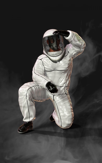 Mężczyzna w ochronnym garniturze zagrożenia biologicznego, w masce i otoczony dymem