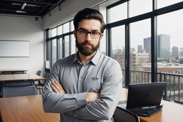 Zdjęcie mężczyzna w okularach i brodzie stojący przed laptopem w sali konferencyjnej z vi