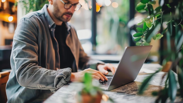 Zdjęcie mężczyzna w okularach i dżinsie pracuje na swoim laptopie w kawiarni. jest otoczony roślinami, a atmosfera jest bardzo relaksująca.