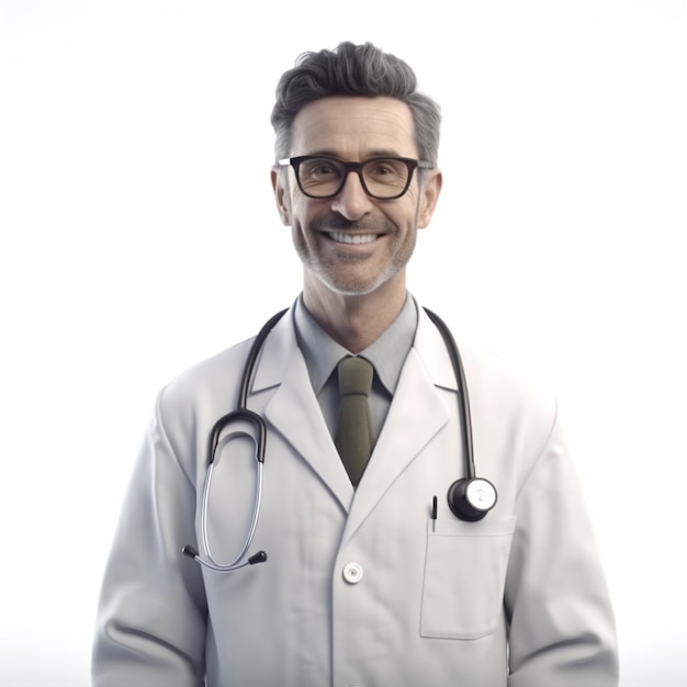 Mężczyzna w okularach i ze stetoskopem na szyi ma na sobie biały fartuch laboratoryjny.