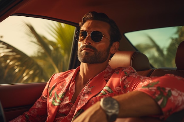 mężczyzna w okularach przeciwsłonecznych siedzi w luksusowym kabriolecie
