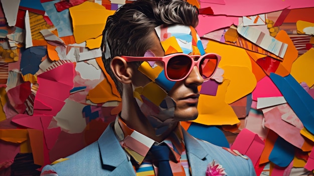 Mężczyzna w okularach przeciwsłonecznych w garniturze otoczony kolorowymi kształtami tła i eleganckim konfetti, pewny siebie i