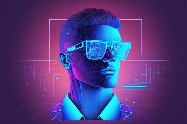 Mężczyzna w okularach rozszerzonej rzeczywistości Abstrakcyjna holografia z danymi i wykresem Ilustracja cyfrowa