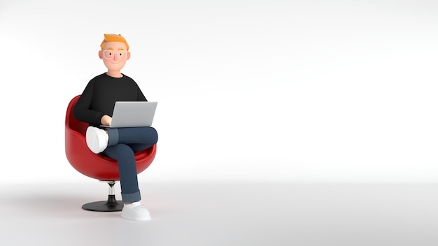 Mężczyzna w okularach siedzi na czerwonym krześle, używając laptopa do pracy i siada twarzą w twarz z uśmiechem Scena 3D