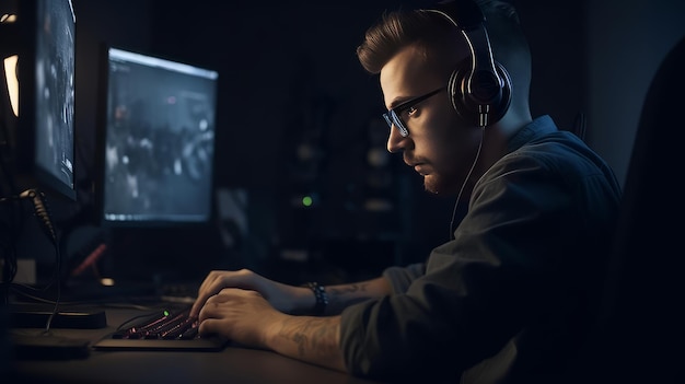 Mężczyzna w okularach siedzi przy ciemnym biurku z klawiaturą do gier i monitorem, na którym jest napisane, że gra.