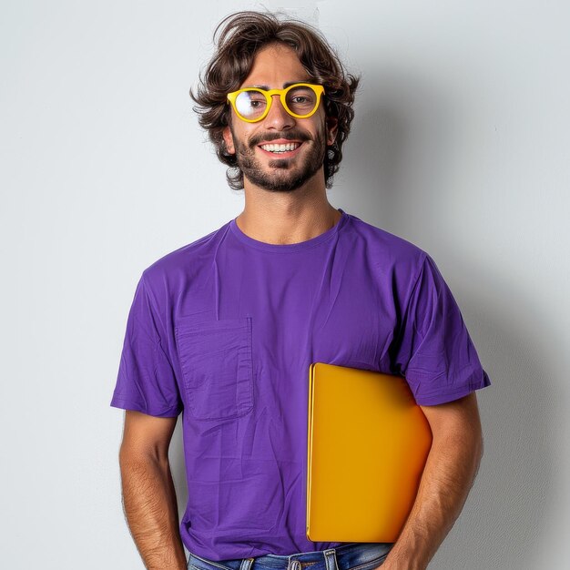 Mężczyzna w okularach trzymający folder