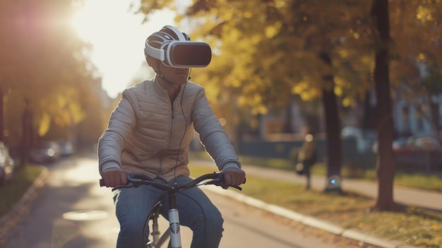 Mężczyzna w okularach wirtualnej rzeczywistości jeździ na rowerze Nowe technologie