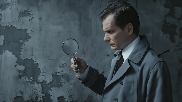 Zdjęcie mężczyzna w płaszczu i fedorze trzyma szkło powiększające do oka w poszukiwaniu wskazówek