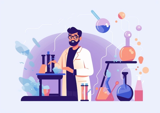 Zdjęcie mężczyzna w płaszczu laboratoryjnym stoi przed stołem z kubkiem generatywnym ai