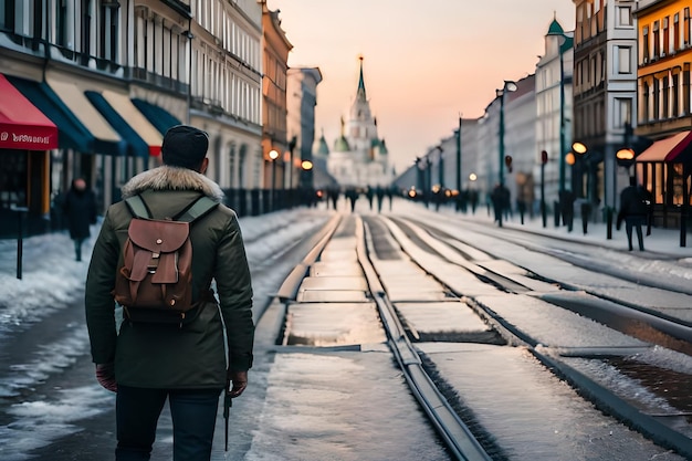 Zdjęcie mężczyzna w plecaku idzie ulicą w kurtce.