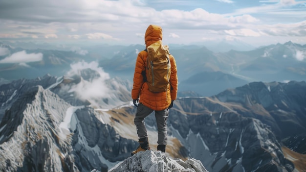 Mężczyzna w pomarańczowej kurtce stoi na szczycie góry z plecakiem Koncepcja przygody i eksploracji, gdy mężczyzna jest gotowy do rozpoczęcia podróży lub wędrówki przez góry