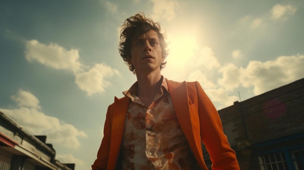 Mężczyzna w pomarańczowej kurtce stojący na zewnątrz z chmurnym niebem