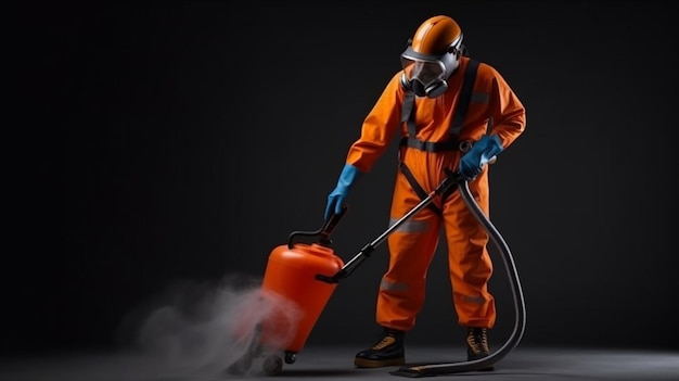 Mężczyzna w pomarańczowym kombinezonie i masce gazowej używa generatora próżniowego