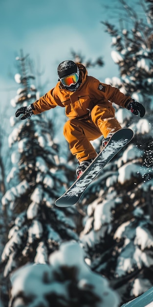 Mężczyzna w pomarańczowym sprzęcie snowboardowym skaczący nad pokrytymi śniegiem drzewami