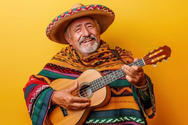 Mężczyzna w poncho i sombrero grający na ukulele na żółtym tle