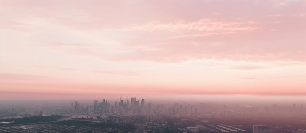 Mężczyzna w różowej koszuli stoi przed panoramą miasta.