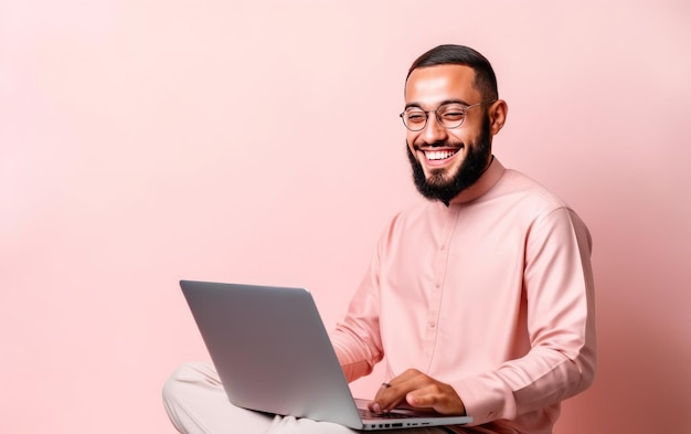 Mężczyzna w różowej koszuli używa laptopa.
