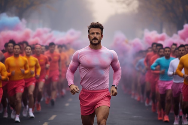Zdjęcie mężczyzna w różowym biegnie przez tłum ludzi.