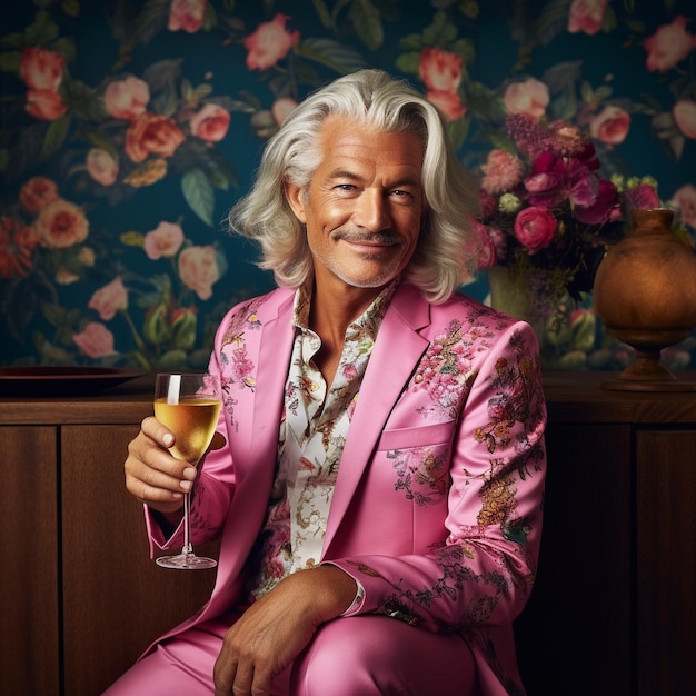 Zdjęcie mężczyzna w różowym garniturze trzyma kieliszek wina.