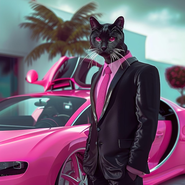 Zdjęcie mężczyzna w różowym samochodzie z kotem przed nim.