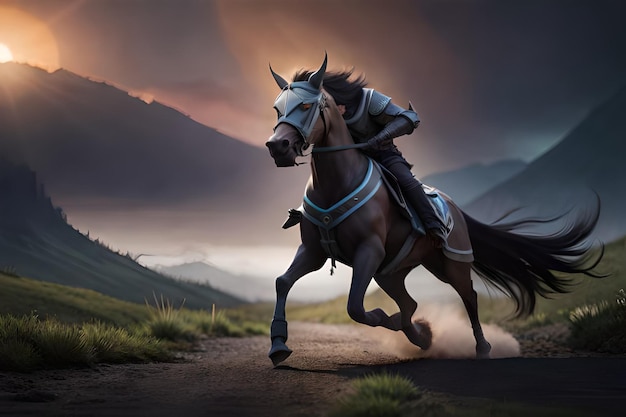 Mężczyzna w rycerskiej zbroi jedzie na koniu przed górami.