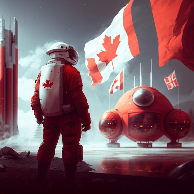 Mężczyzna w skafandrze kosmicznym patrzący na czerwony statek kosmiczny z kanadyjską flagą po lewej stronie.