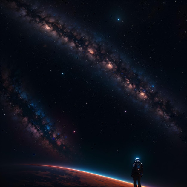 Mężczyzna w skafandrze kosmicznym patrzący na wszechświat