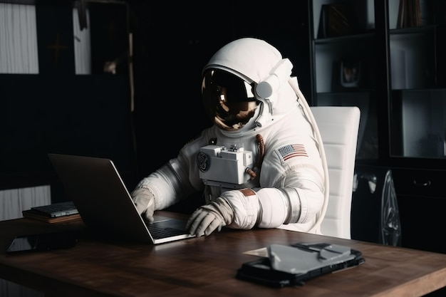 Mężczyzna w skafandrze kosmicznym siedzący przy stole z generatywną sztuczną inteligencją laptopa