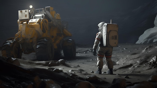 Mężczyzna w skafandrze kosmicznym stoi przed dużą żółtą koparką.