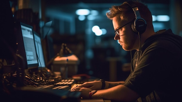Mężczyzna w słuchawkach gra w grę komputerową na ciemnym tle.