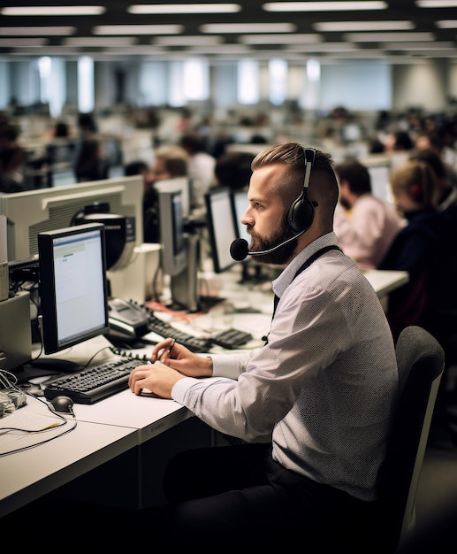 Zdjęcie mężczyzna w słuchawkach pracujący przy komputerze