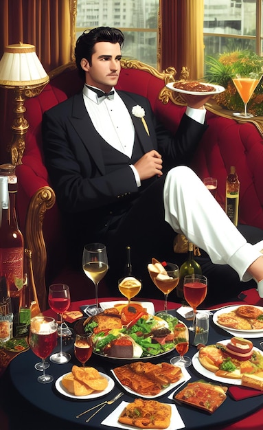 Mężczyzna w smokingu siedzi na krześle z talerzem z jedzeniem przed nim.