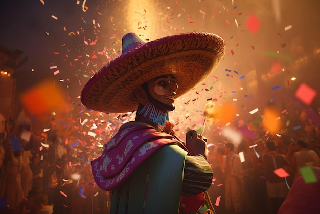 Zdjęcie mężczyzna w sombrero stoi przed konfetti