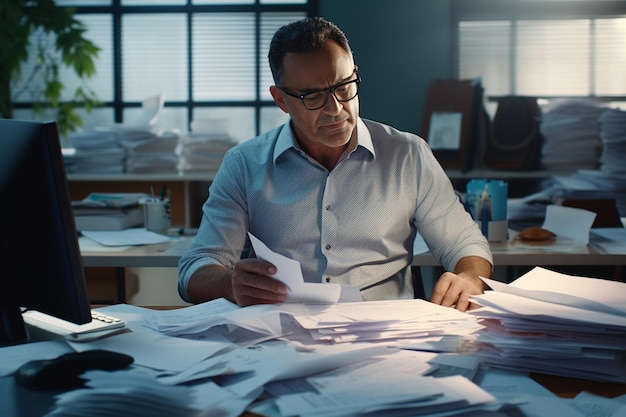 Mężczyzna w średnim wieku przy biurku z stosem niesortyfikowanych papierów i dokumentów