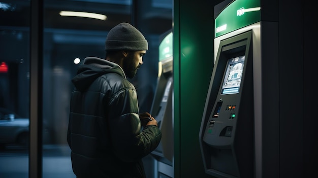 Mężczyzna w średnim wieku stoi w nocy przy bankomacie z kartą i wybiera kod PIN