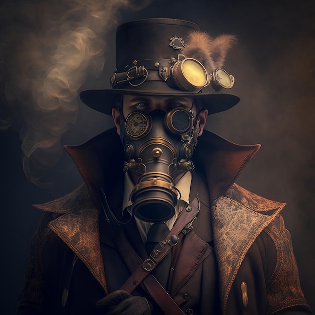 Mężczyzna w steampunkowym kapeluszu i steampunkowej masce z długimi filtrami, przedstawiony w sztuce fantasy ze steampunkowym motywem Generative Ai