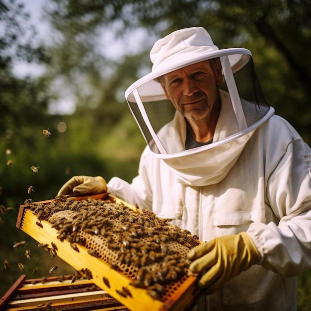 mężczyzna w stroju pszczoły trzymający ul