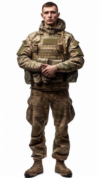 Mężczyzna w stroju wojskowym stojący z skrzyżowanymi ramionami