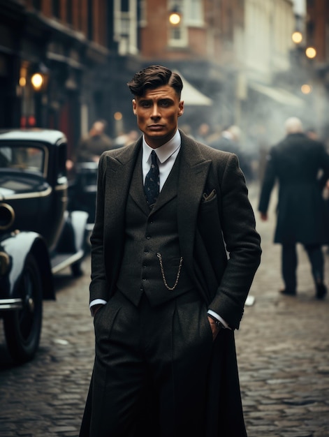 Mężczyzna w stylowym, staroświeckim garniturze w stylu gangu Peaky Blinders