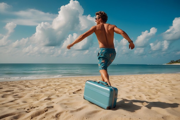 Mężczyzna w sukienkach w stylu plażowym z walizką na plaży