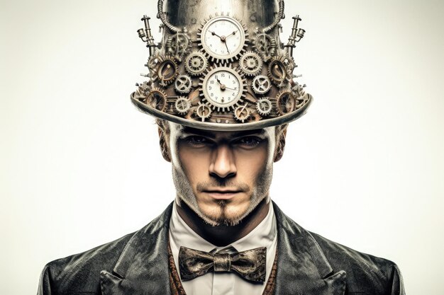 Mężczyzna w szczytowym kapeluszu i kostiumie w stylu steampunk koncepcja technologii retro Generatywna sztuczna inteligencja