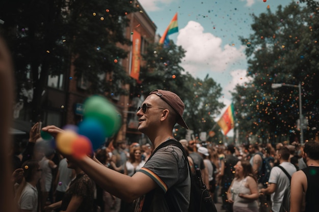 Mężczyzna w tęczowym kapeluszu wyrzuca balon w powietrze.