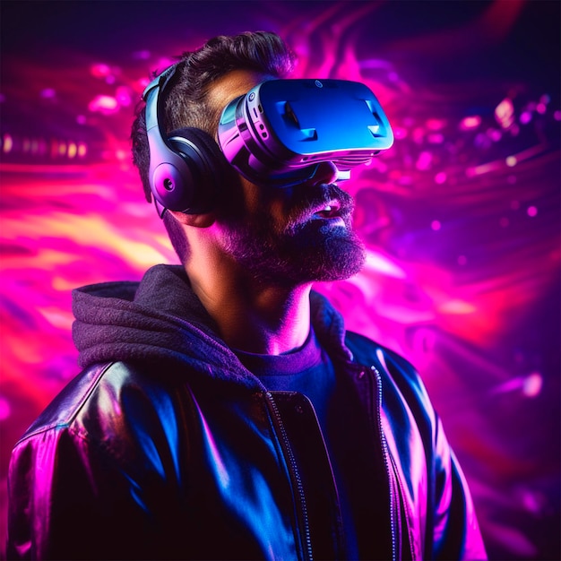 Mężczyzna w wirtualnych okularach zdjęcie neonowe tło
