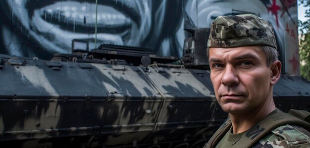 Mężczyzna w wojskowej czapce stoi przed czołgiem z wymalowaną twarzą.