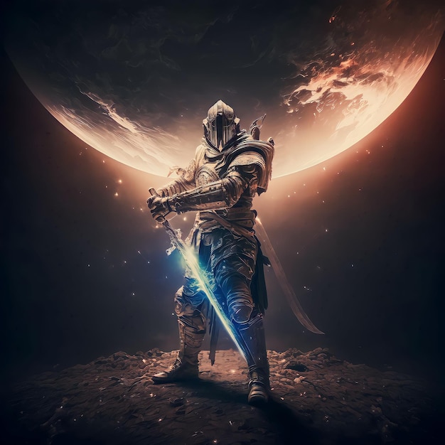 Mężczyzna w zbroi stoi na oświetlonym księżycem tle z planetą w tle.
