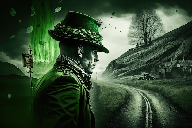 Mężczyzna w zielonym kapeluszu stoi na drodze z drzewem po lewej stronie.