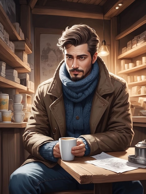Mężczyzna w zimowych ubraniach siedzi w sklepie i pije kawę.