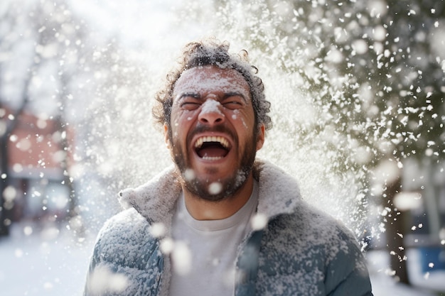 Zdjęcie mężczyzna w zimowym ubraniu bawi się na śniegu przed domem