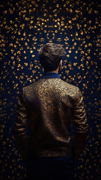 Mężczyzna w złotej kurtce stoi przed złotą ścianą ze złotym wzorem.