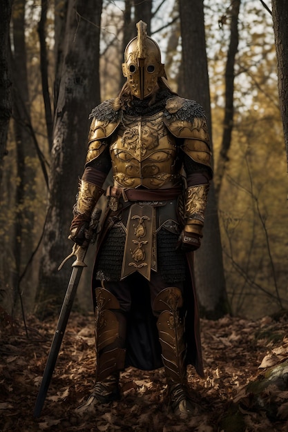 Mężczyzna w złotej zbroi stoi w lesie z mieczem w dłoni